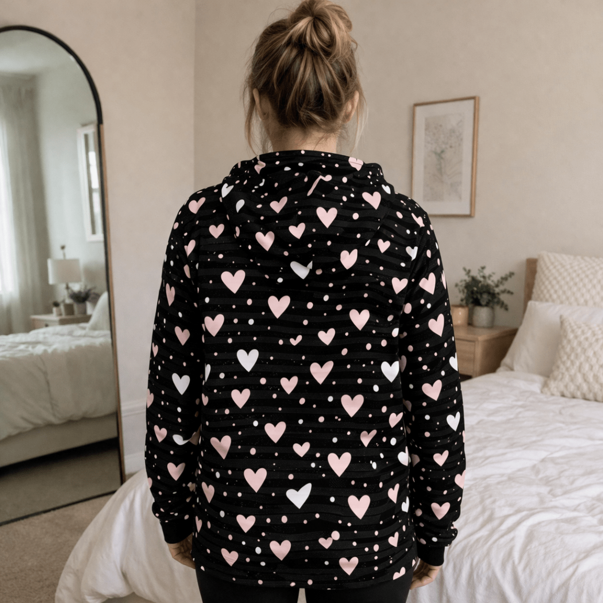 Pink and White Hearts All Over Print Pet and Human Hoodie Set - Woman facing backwards