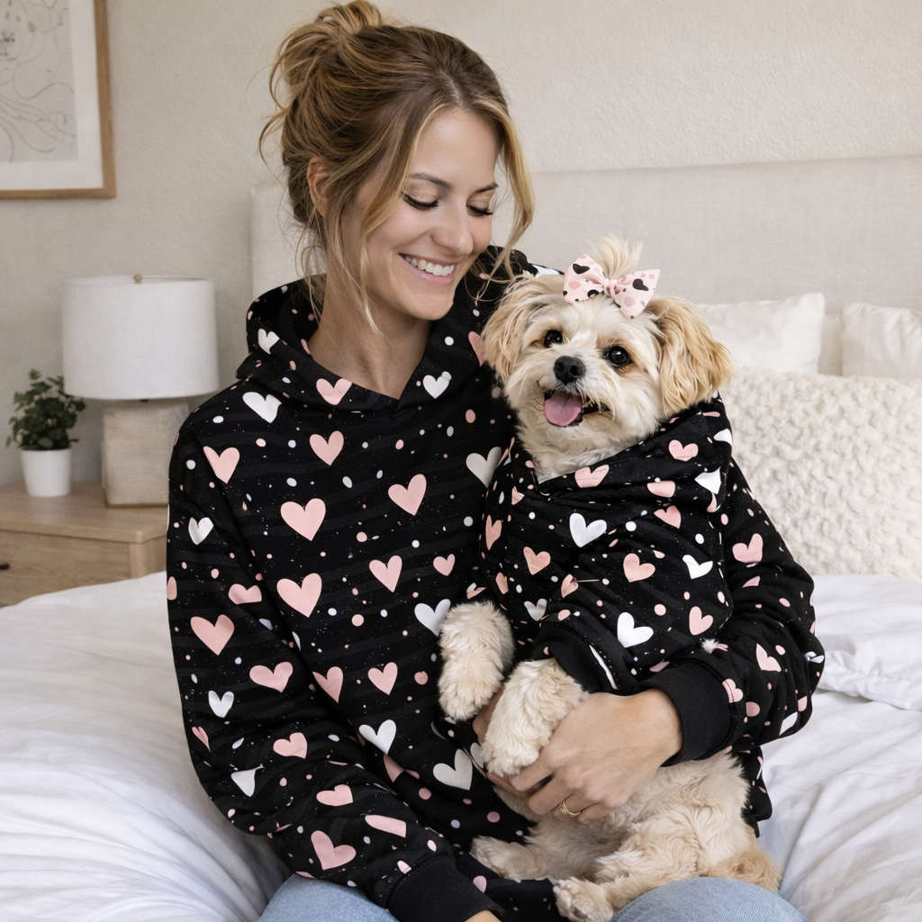 Pink and White Hearts All Over Print Pet and Human Hoodie Set - Dog and Woman