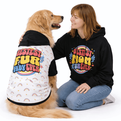 woman and dog wearing BESTEST MOM hoodies 