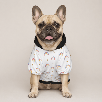 Dog wearing a white shirt with rainbow patterns on a plain background