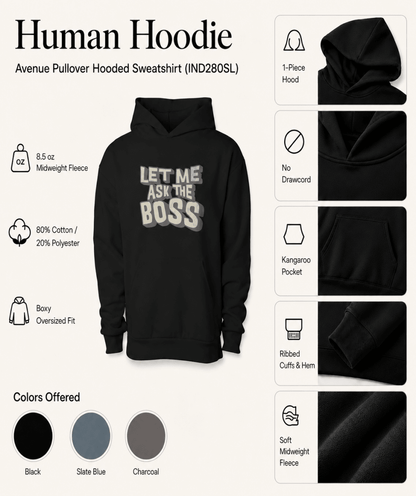 Black hoodie with 'Let Me Ask The Boss' text, featuring product details on a white background.