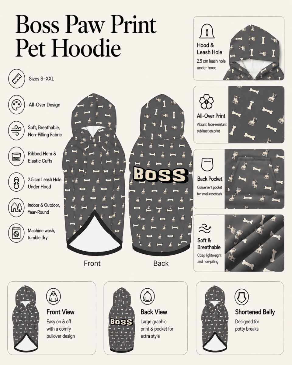 Boss Paw Print Pet Hoodie with features and specifications on a white background