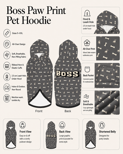 Boss Paw Print Pet Hoodie with features and specifications on a white background