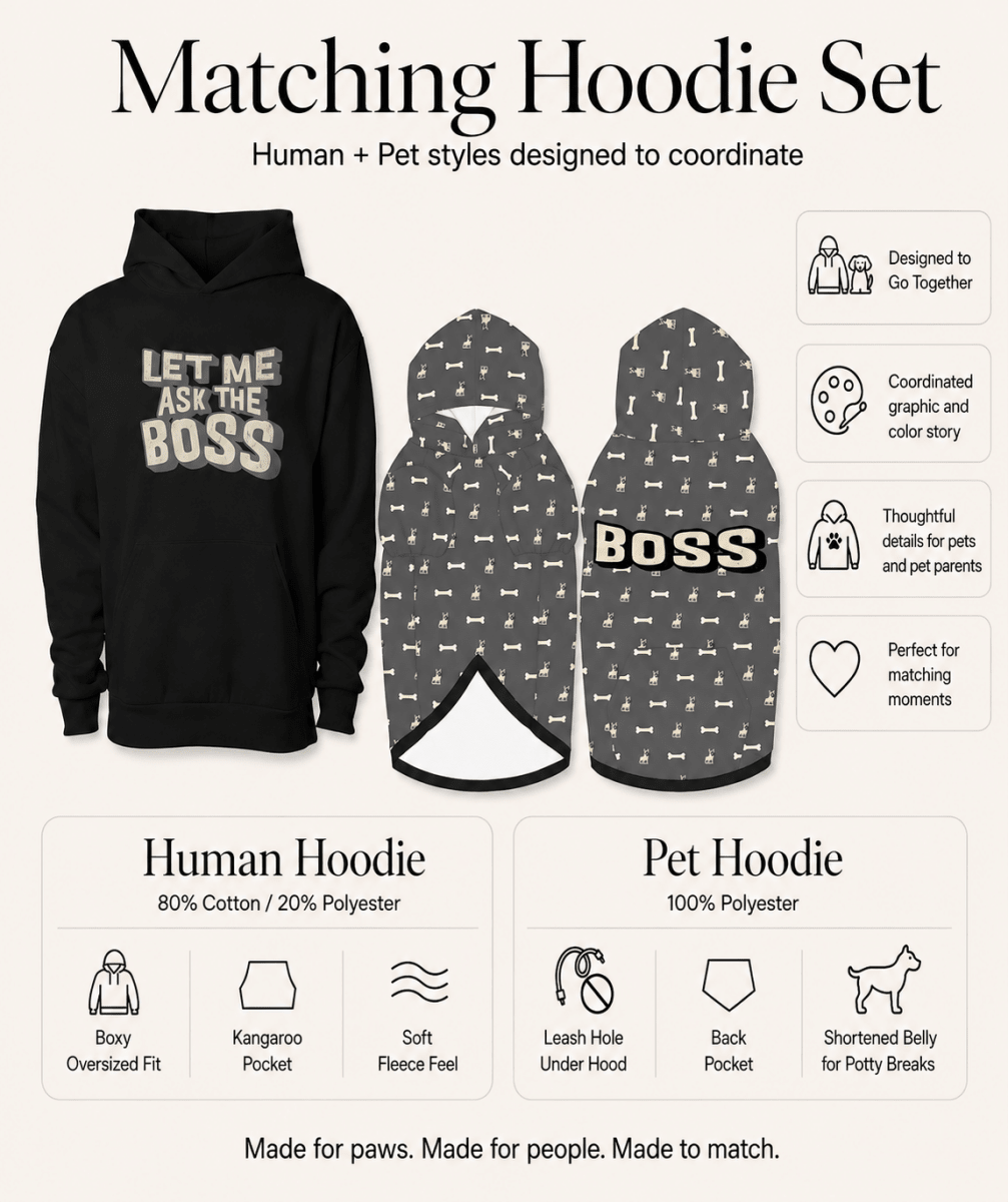 Matching hoodie set for human and pet with 'Let Me Ask The Boss' text on a white background.