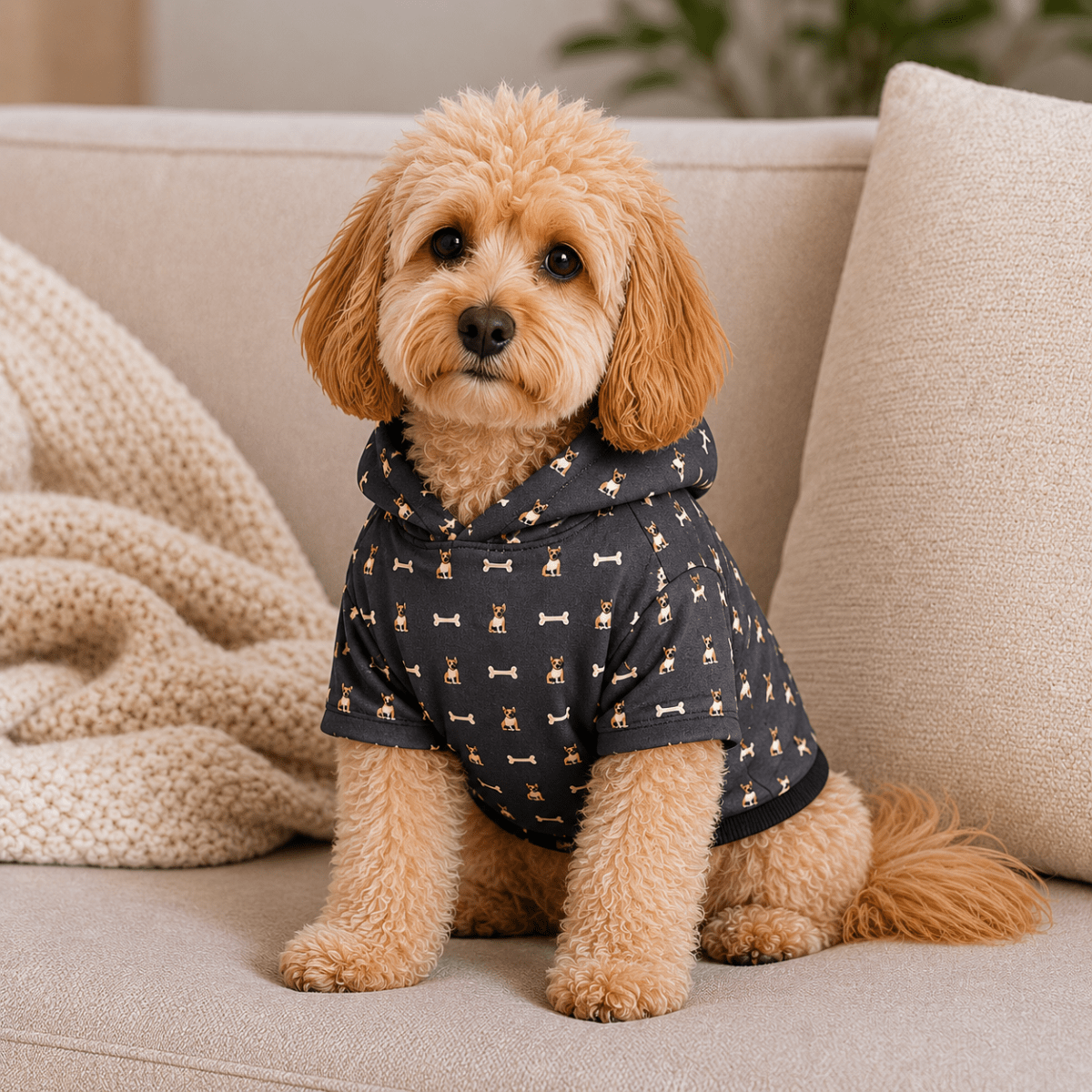 Small dog wearing a black hoodie with bone pattern on a beige couch.