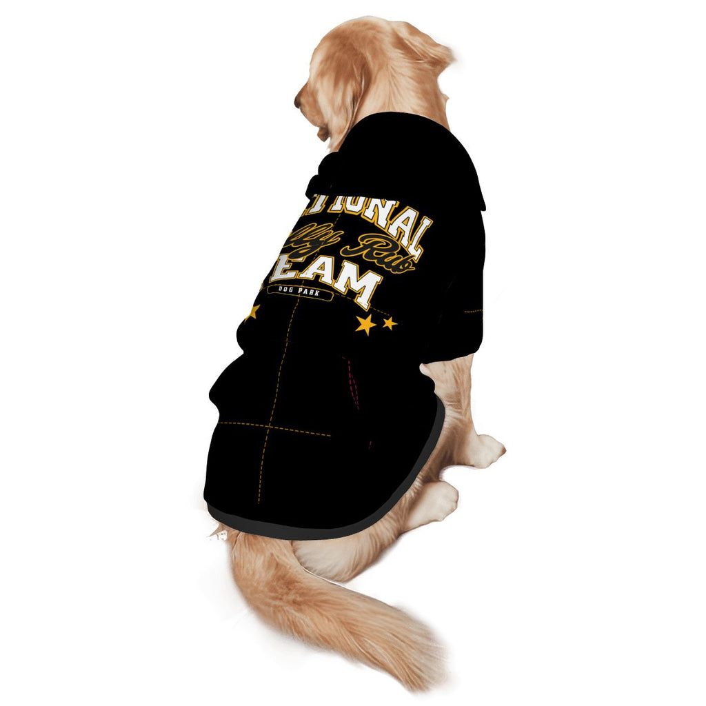 Dog wearing National Belly Rub Pet Only Hoodie (Add-on) pet hoodie back view