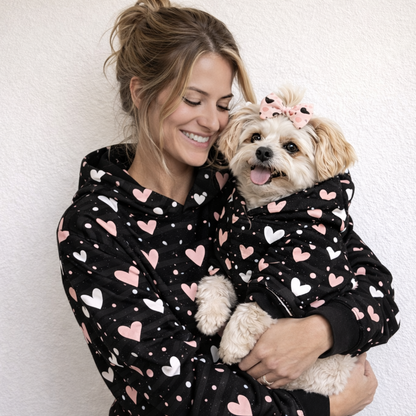 Pink and White Hearts All Over Print Pet and Human Hoodie Set - Dog and Woman