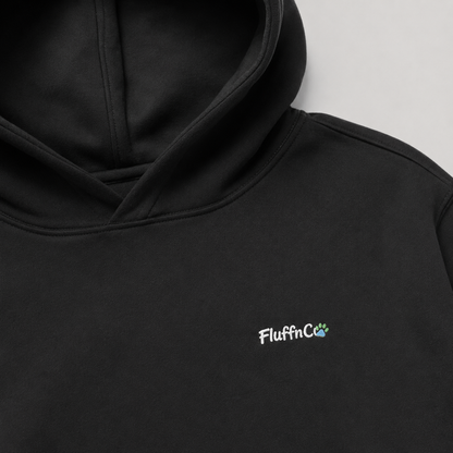 Black hoodie with 'FluffinCo' logo on a light gray background