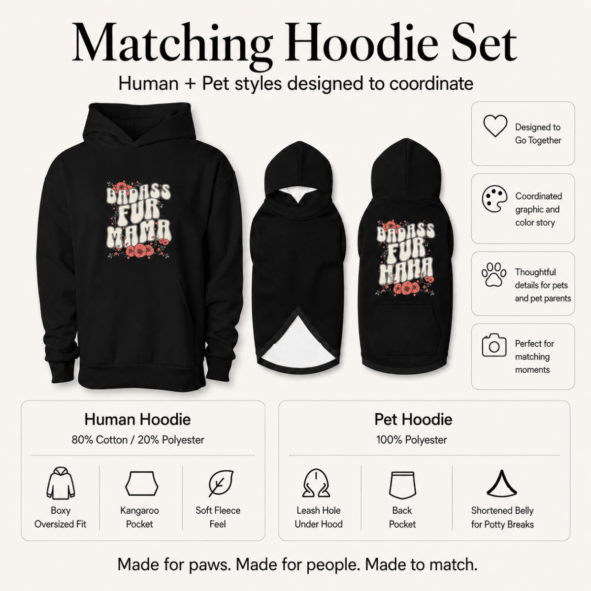 Badass Fur Mama & Fur Bay Pet and Human Hoodie Set - FluffnCoSandstonexsSmatchingset