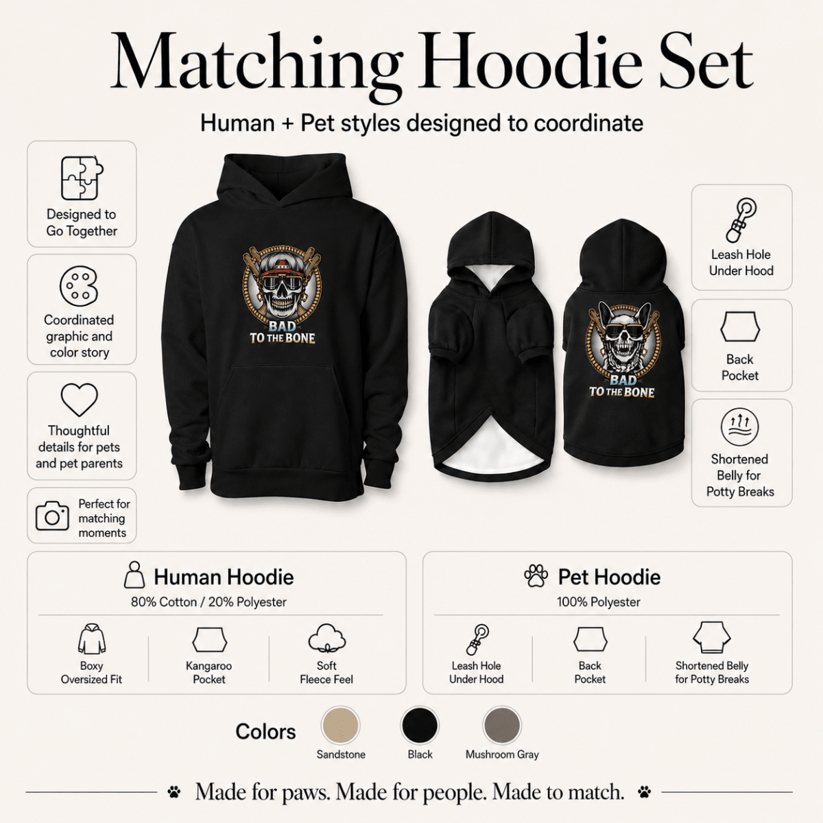 Bad to the Bone Pet and Human Hoodie Set - FluffnCoSandstonexsSmatchingset
