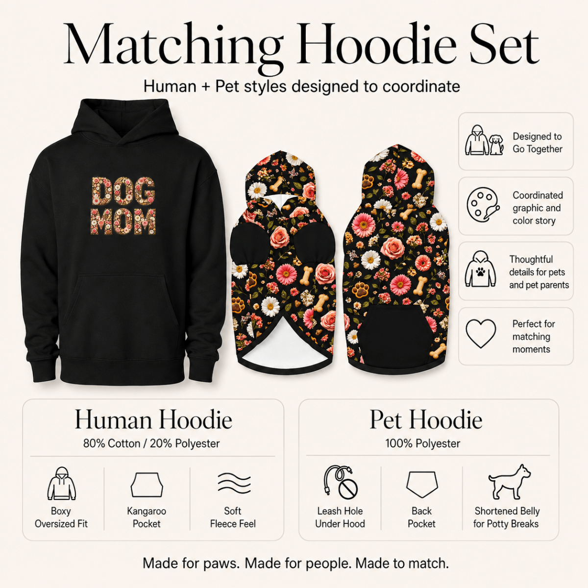 Floral Dog Mom Pet and Human Hoodie Set - FluffnCoSBlackxsmatchingset