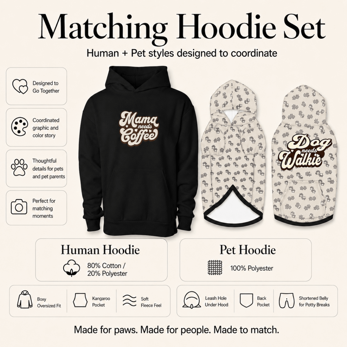 Mama Needs Coffee & Dog Need Walkie Pet and Human Hoodie Set - FluffnCoblackxsSmatchingset