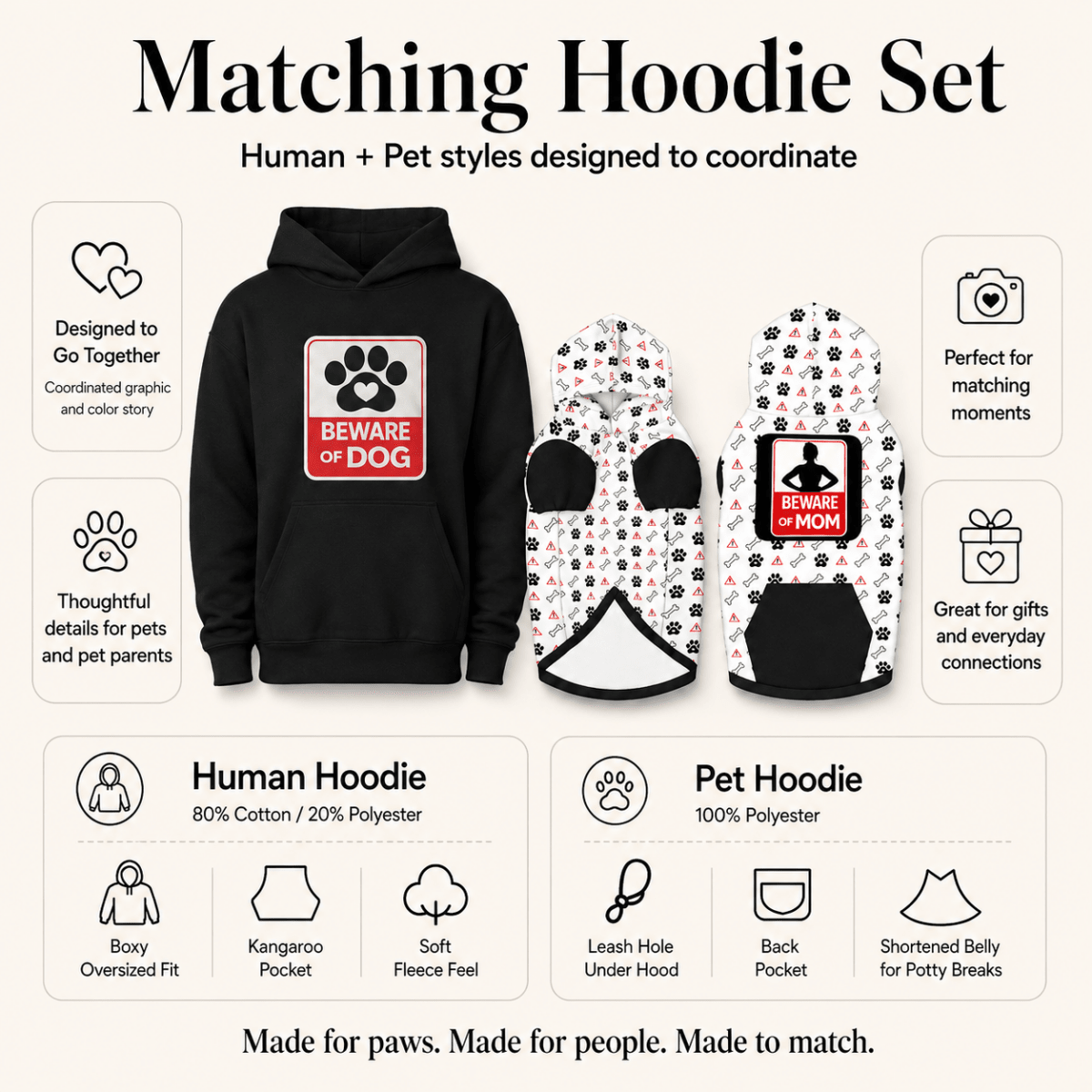 Matching hoodie set for human and pet with 'Beware of Dog' design on a white background
