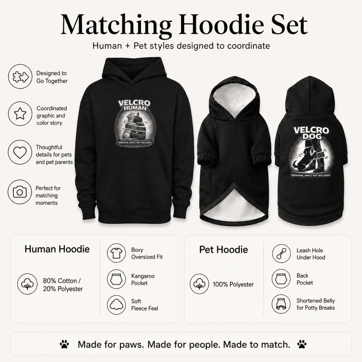 Velcro Human & Dog Pet and Human Hoodie Set - FluffnCoSBlackxsmatchingset