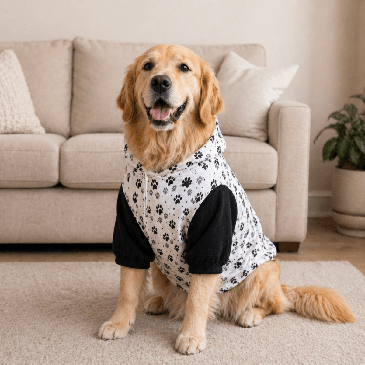 Dog wearing a black and white paw print outfit sitting on a carpeted floor with a beige couch and plant in the background.