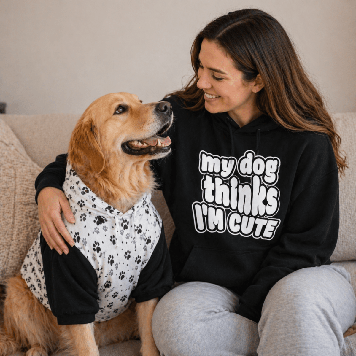 My Dog Thinks I'm Cute & I Know My Mom Is Cute Pet and Human Hoodie Set - FluffnCoSBlackxsmatchingset