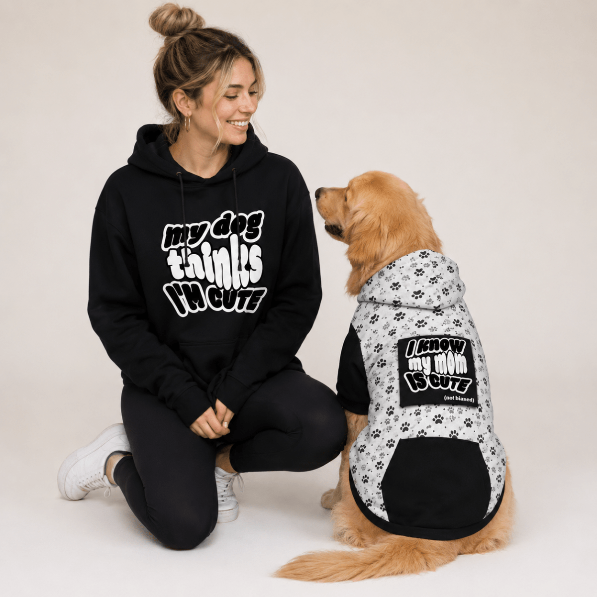 My Dog Thinks I'm Cute & I Know My Mom Is Cute Pet and Human Hoodie Set - FluffnCoSBlackxsmatchingset