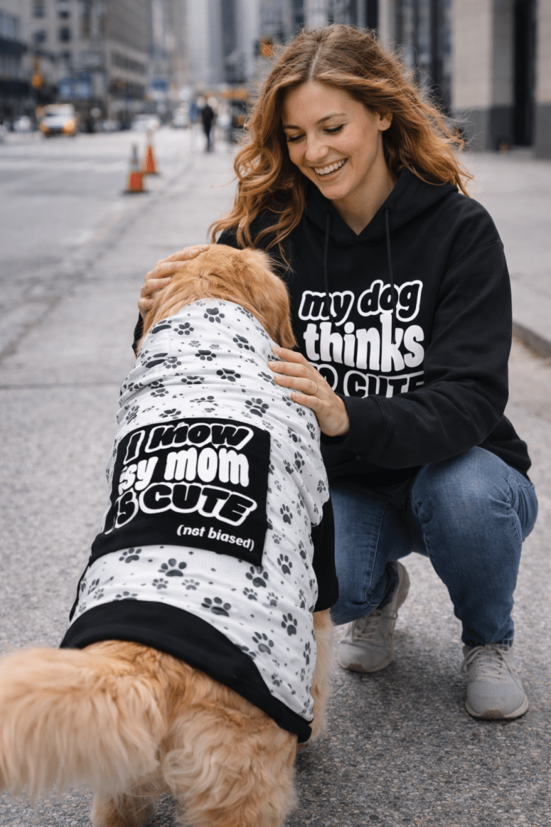 My Dog Thinks I'm Cute & I Know My Mom Is Cute Pet and Human Hoodie Set - FluffnCoSBlackxsmatchingset