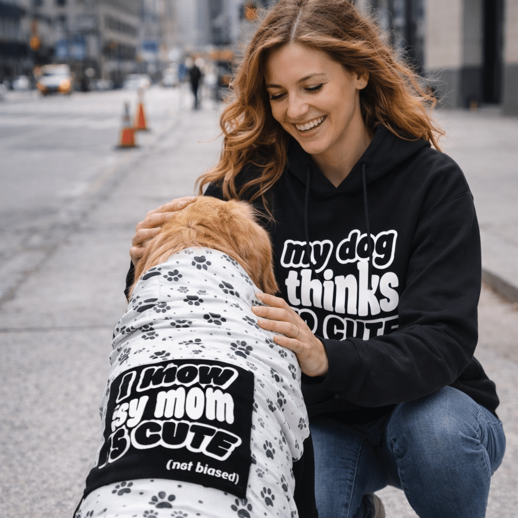 Woman in a black hoodie with text kneeling next to a dog wearing a matching outfit on a city street.