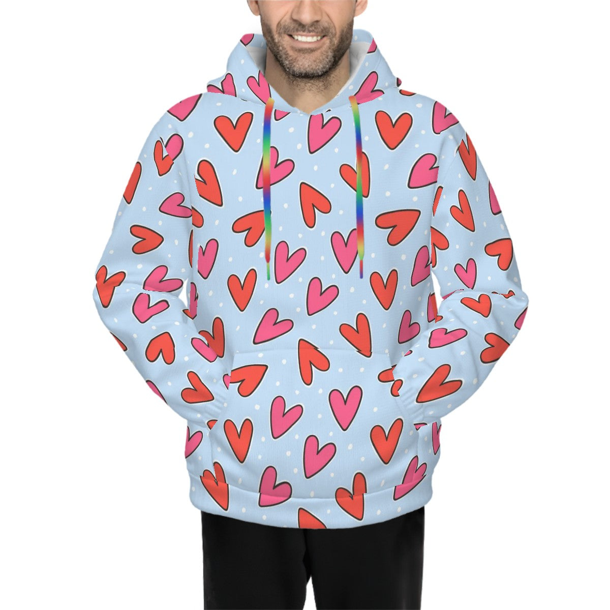 {{pet_type}} wearing Red Hearts on Light Blue Matching Pet & Owner Hoodie Set pet hoodie