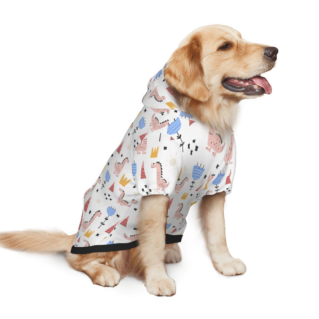Dog wearing Pink Dinosaur Nursery Printt pet hoodie back side view