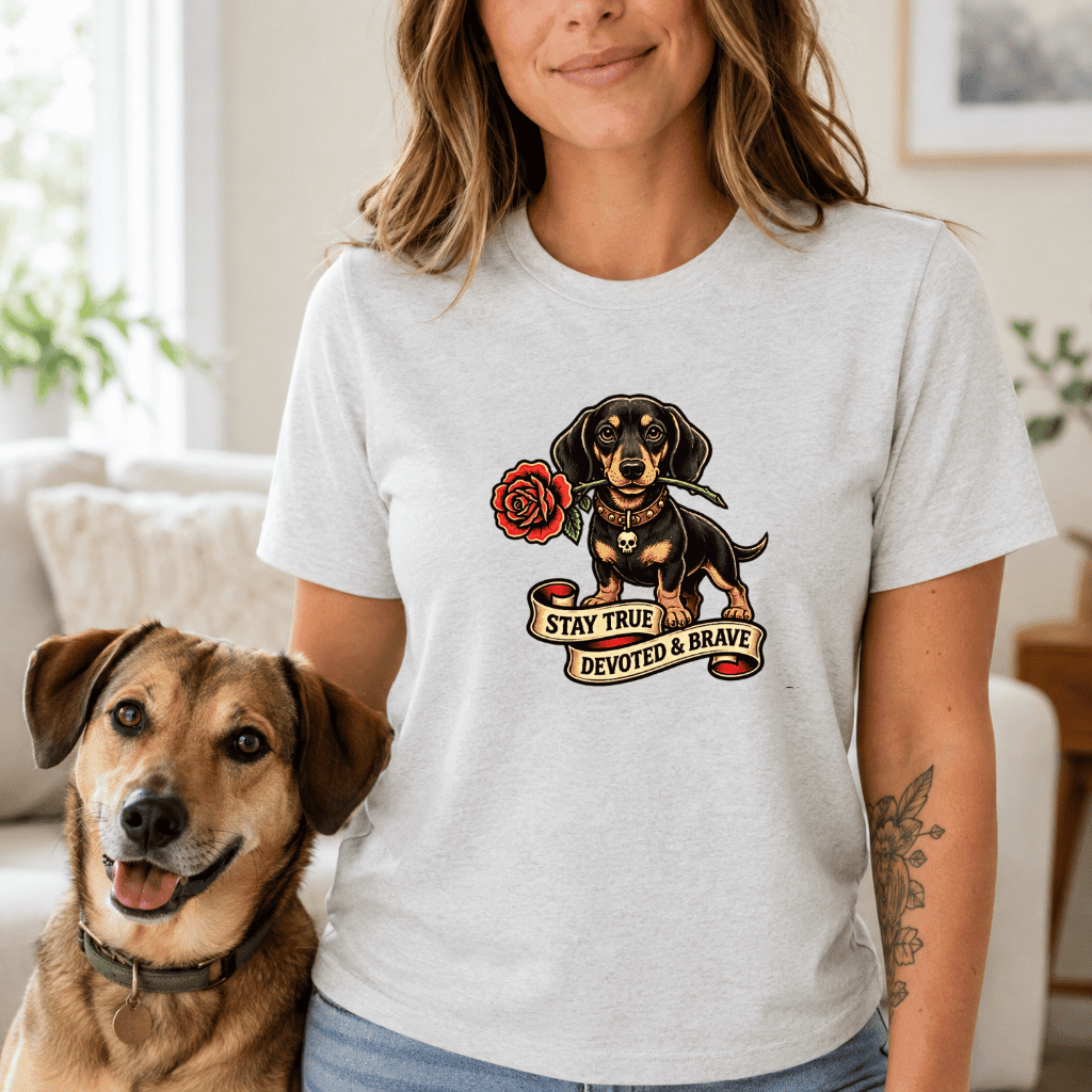 Daschund Holding Flower Tattoo Design T Shirt - FluffnCowhitexs