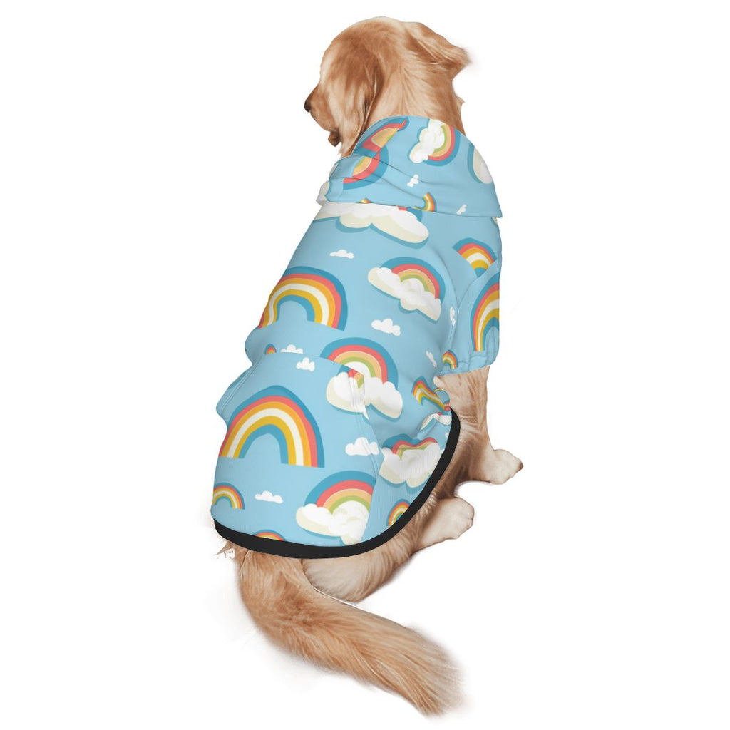 Dog wearing Rainbow & Clouds Nursery Print pet hoodie back view