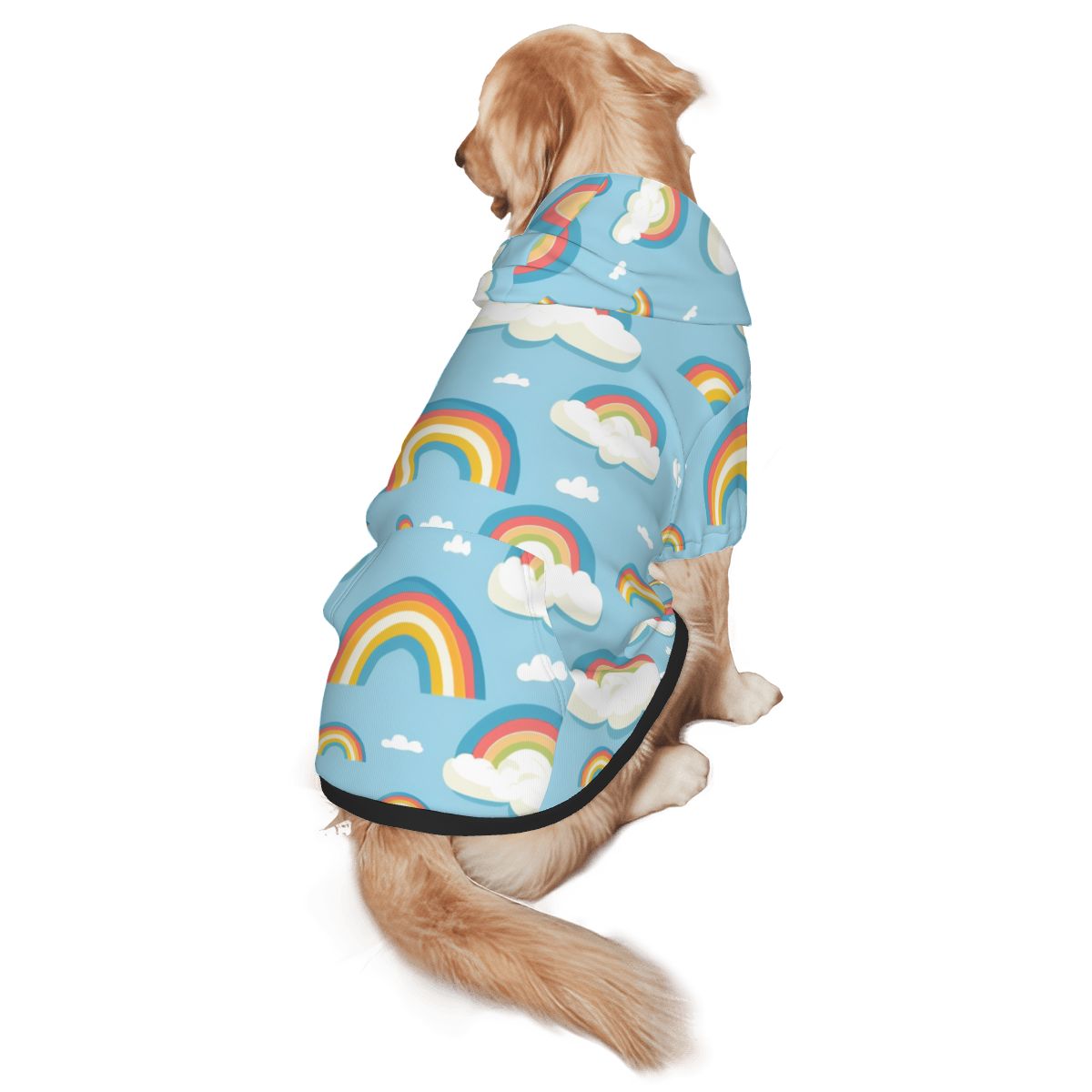 Dog wearing Rainbow & Clouds Nursery Print pet hoodie back view