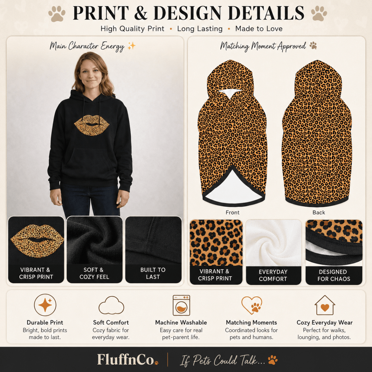 Leopard Lips and Pattern Pet and Human Hoodie Set - FluffnCoBlackSSmatchingset