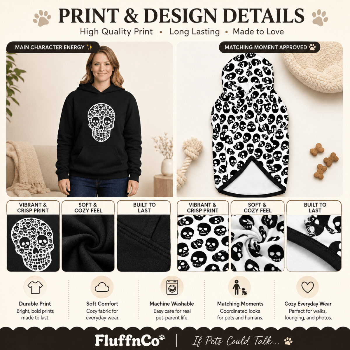 Skull Shape Human Hoodie & Skull Pattern Pet Hoodie Set - FluffnCoBlackSSmatchingset