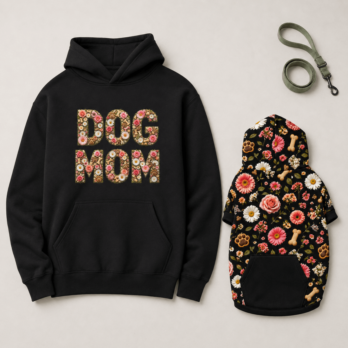 Dog Mom Floral Matching Dog & Owner Hoodie Set - FluffnCoSBlackxsmatchingset