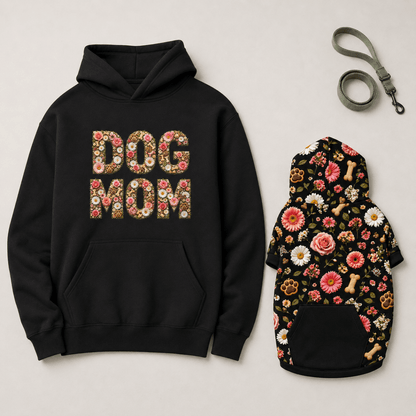 Dog Mom Floral Matching Dog & Owner Hoodie Set - FluffnCoSBlackxsmatchingset