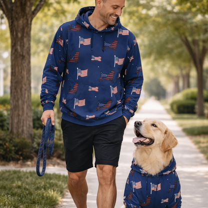 US Themed All Over Print Pet and Human Hoodie Set -Dog and walking