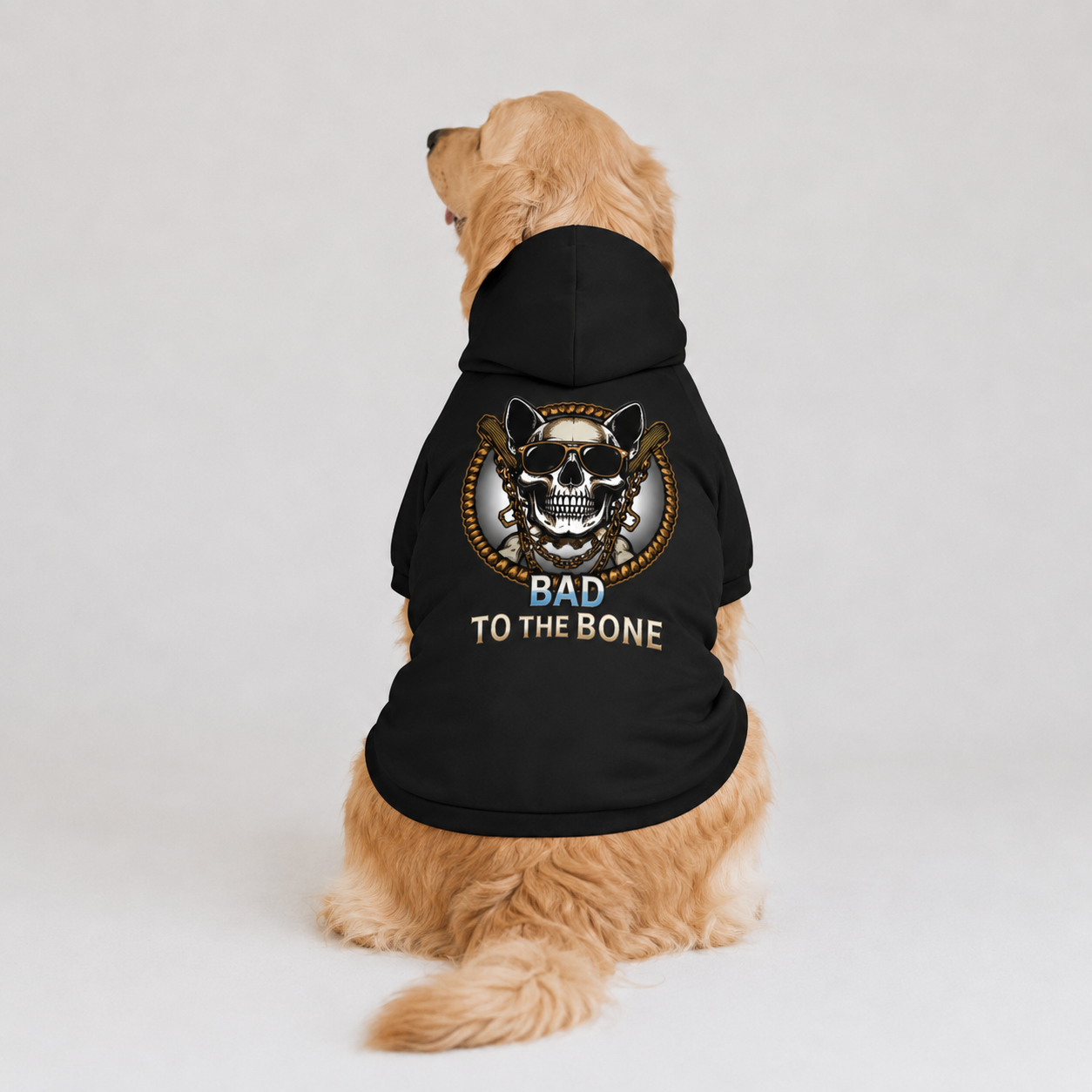 Dog wearing Bad to the Bone hoodie facing backwards