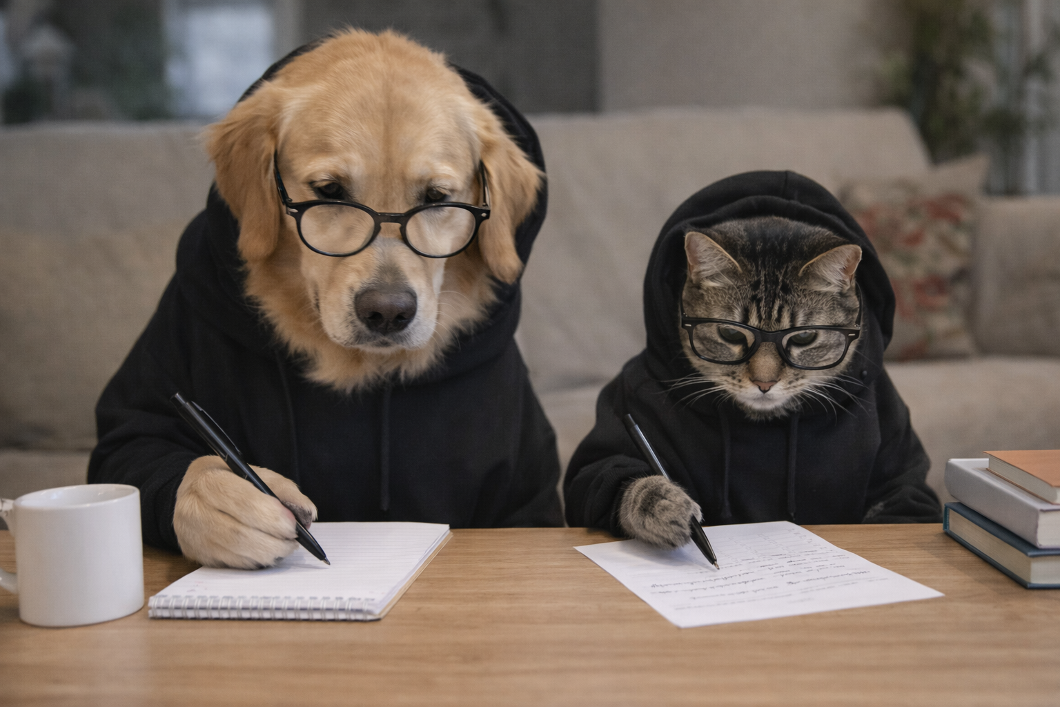 Dog and cat wearing black hoodies with glasses, sitting at a table with papers and a mug. contact us page