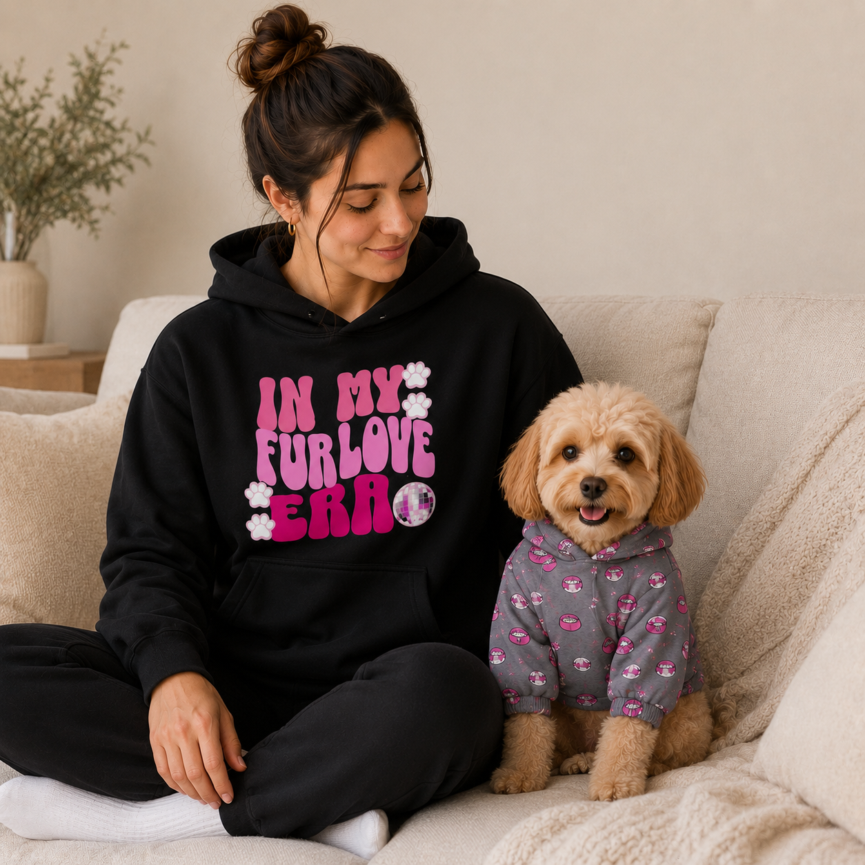 In My Fur Era & Food Era Pet and Human Hoodie Set - Woman and dog sitting