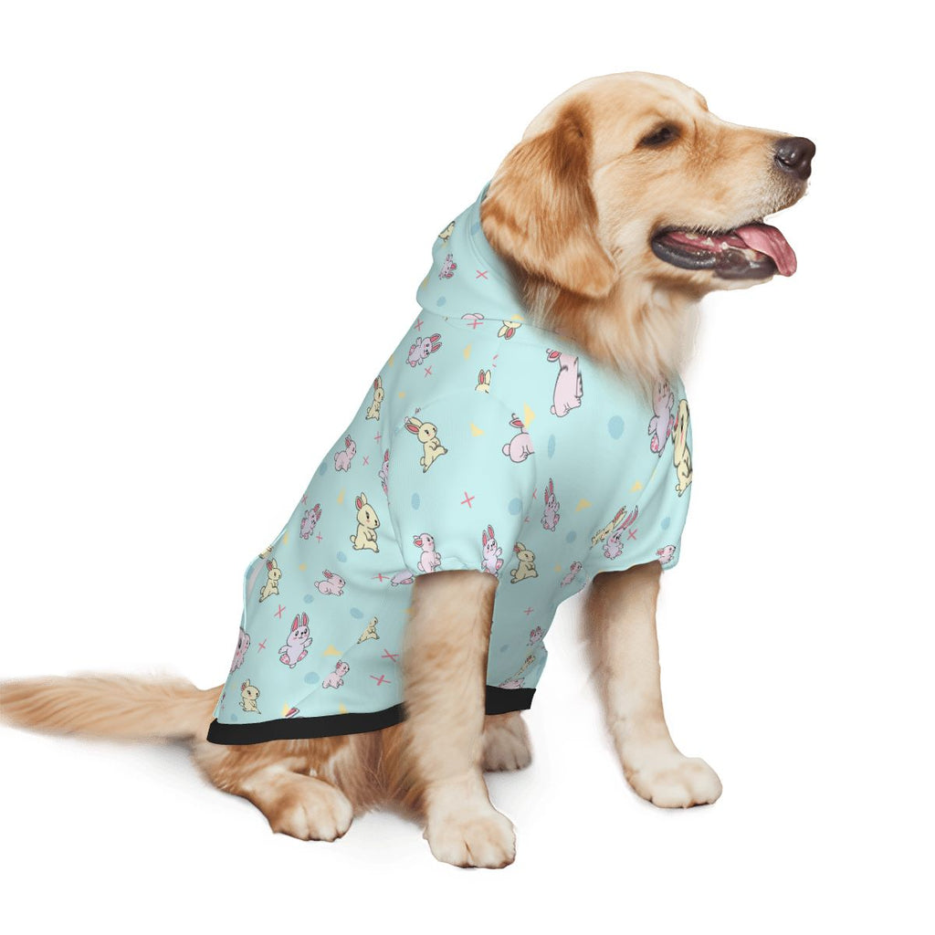 Dog wearing Bunny Pastels Nursery Print pet hoodie back side view