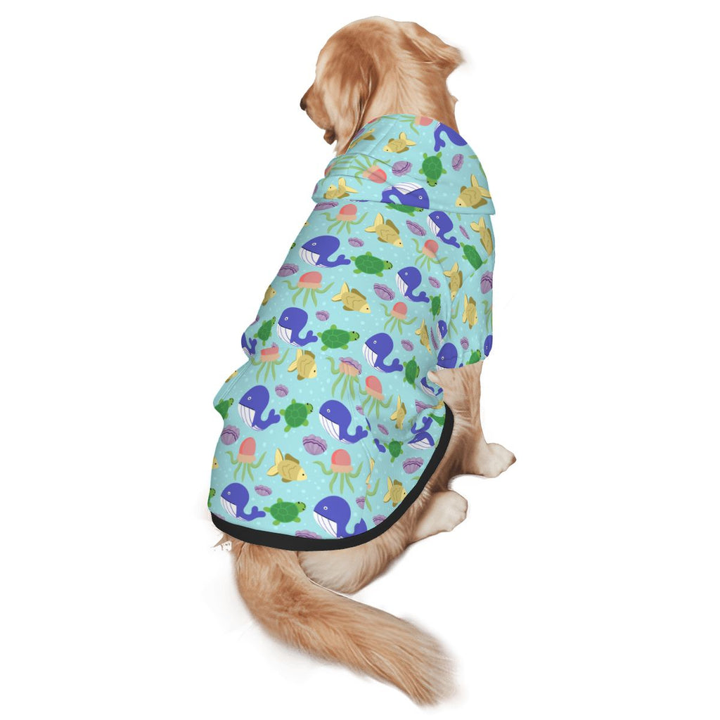 Dog wearing Colourful Blue Whale Nursery Print pet hoodie back view