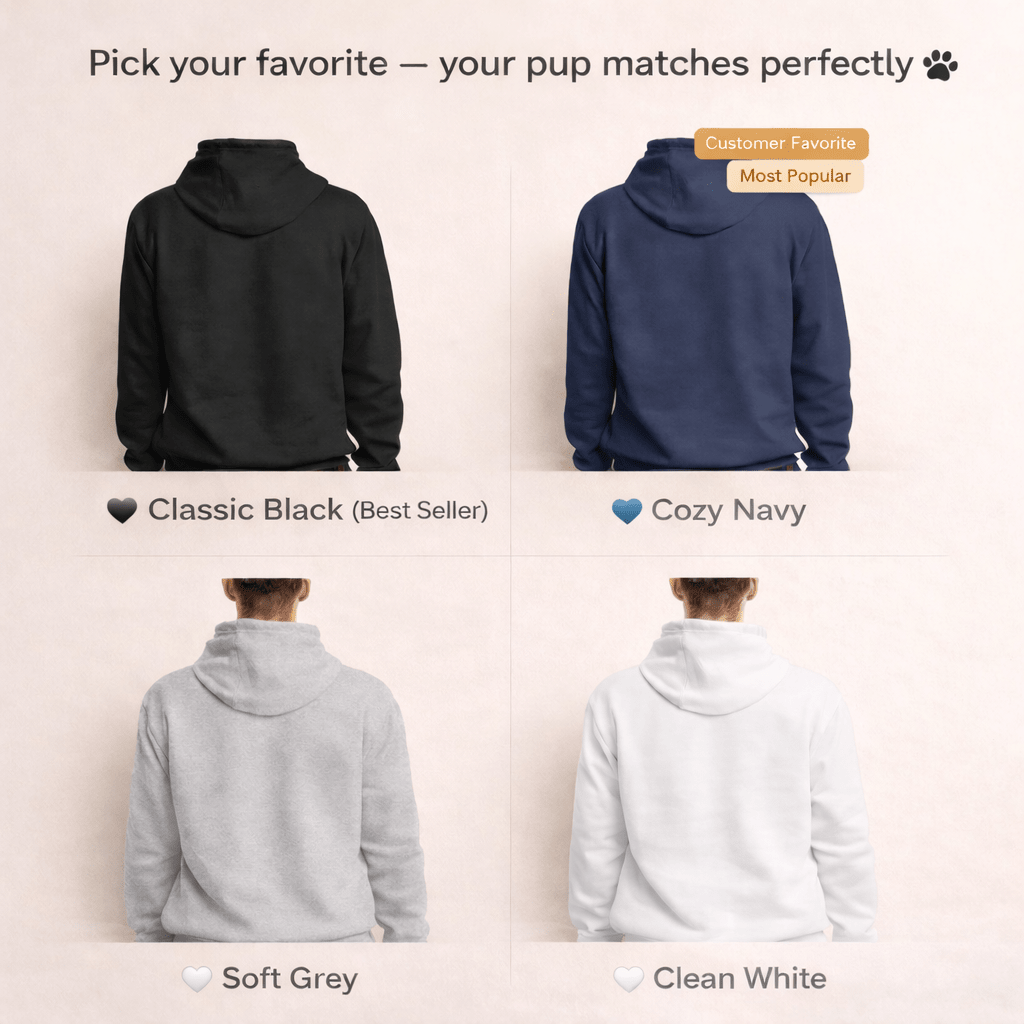 Four hoodies in different colors worn by people on a plain background