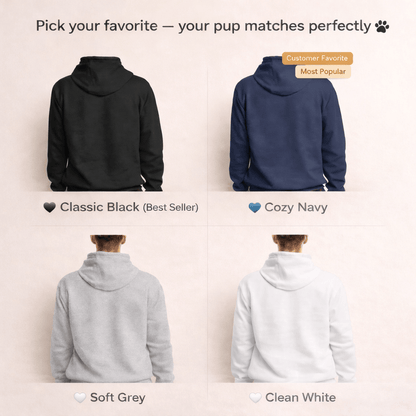 Four hoodies in different colors worn by people on a plain background