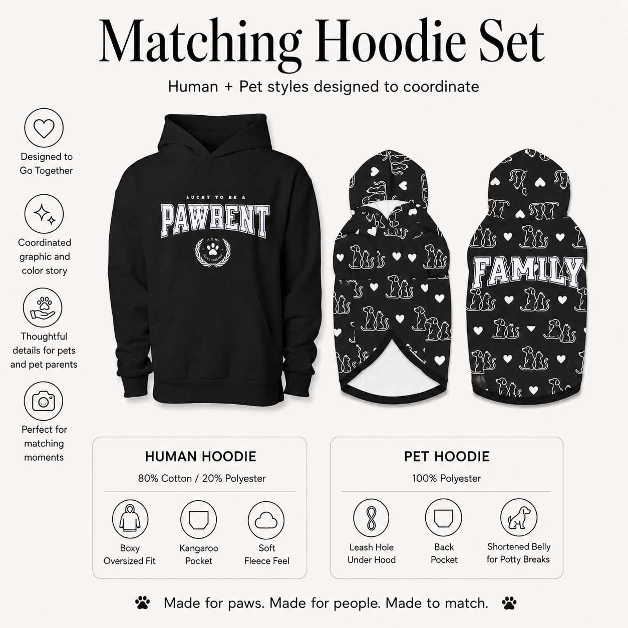 Matching hoodie set for human and pet with text and graphics on a white background