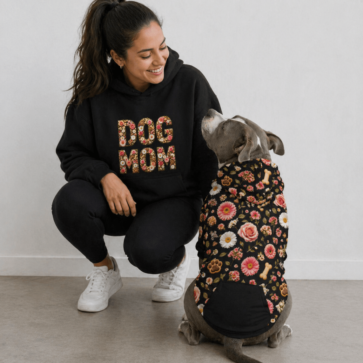 Floral Dog Mom Pet and Human Hoodie Set - Woman and dog