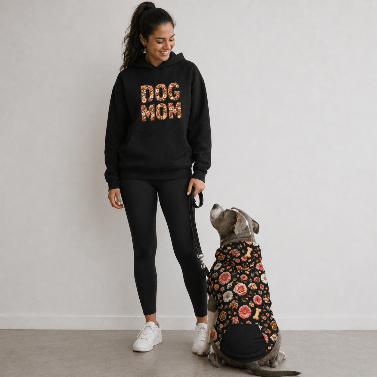 Floral Dog Mom Pet and Human Hoodie Set - FluffnCoSBlackxsmatchingset