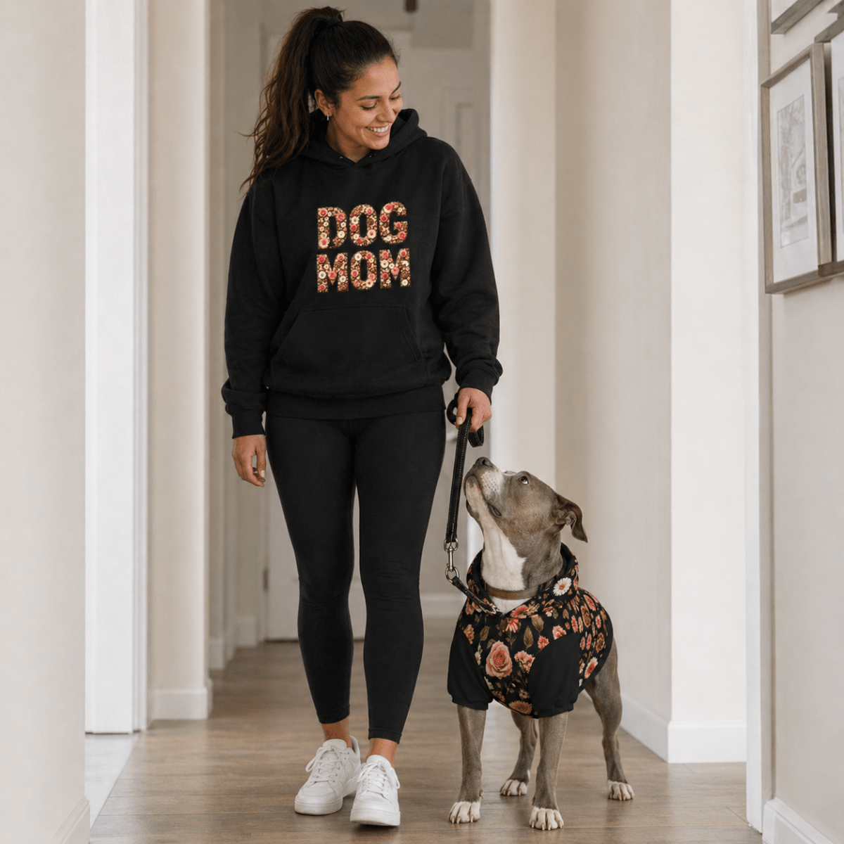 Floral Dog Mom Pet and Human Hoodie Set - Woman and dog
