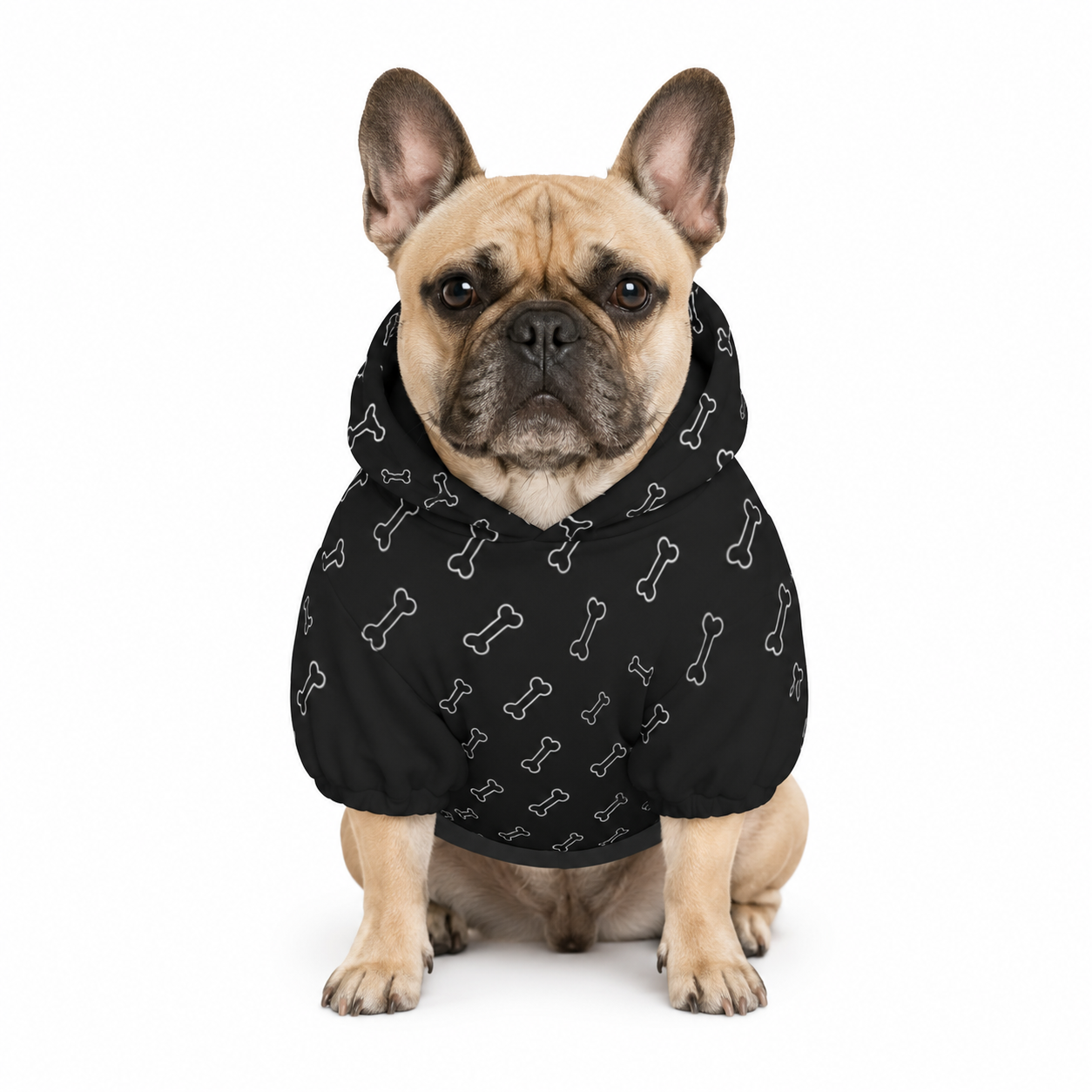 Dog wearing a black hoodie with bone pattern on a white background
