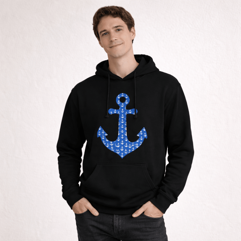 Person wearing a black hoodie with a blue anchor design on a white background