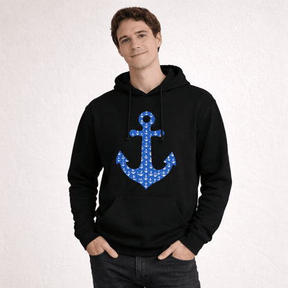 Person wearing a black hoodie with a blue anchor design on a white background