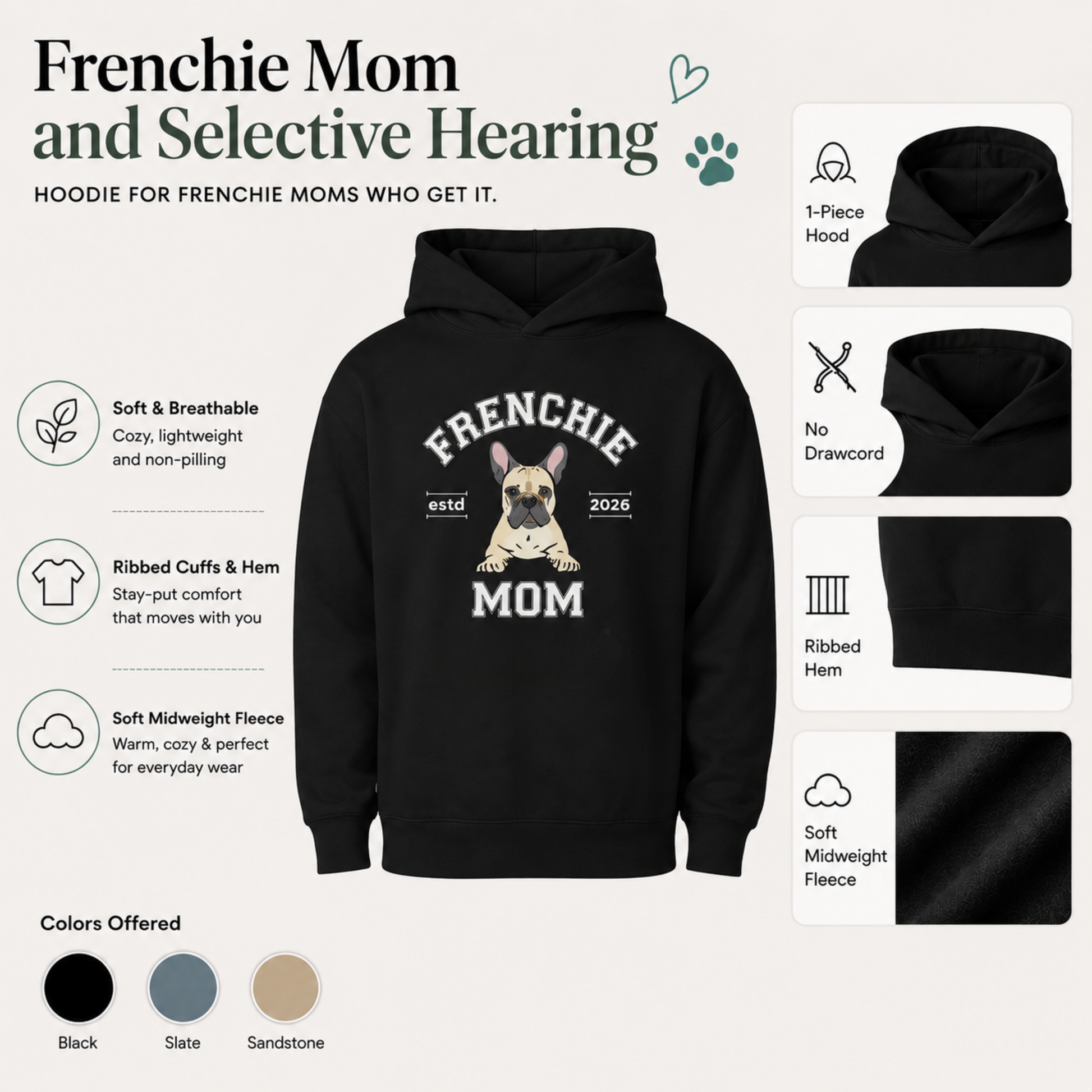 Black hoodie with 'Property of a Very Spoiled Dog' text, featuring product details on a white background.