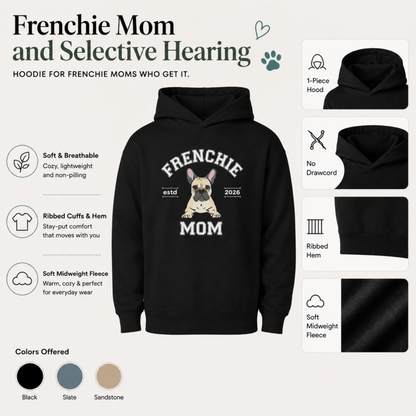 Black hoodie with 'Property of a Very Spoiled Dog' text, featuring product details on a white background.