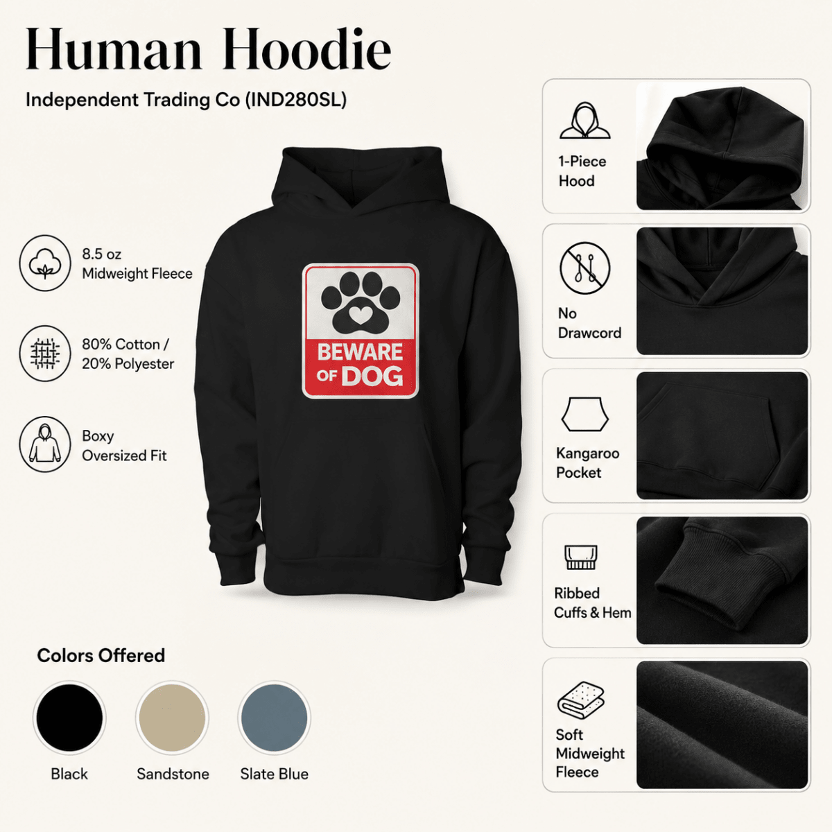 Black hoodie with 'Beware of Dog' graphic on a white background
